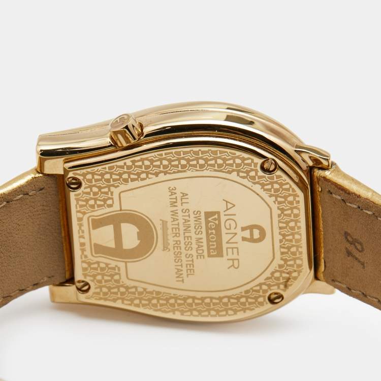 Pre Owned Aigner Mother of Pearl Diamond Gold Plated Stainless Steel Leather Verona A01100 Women's Wristwatch 33 mm 