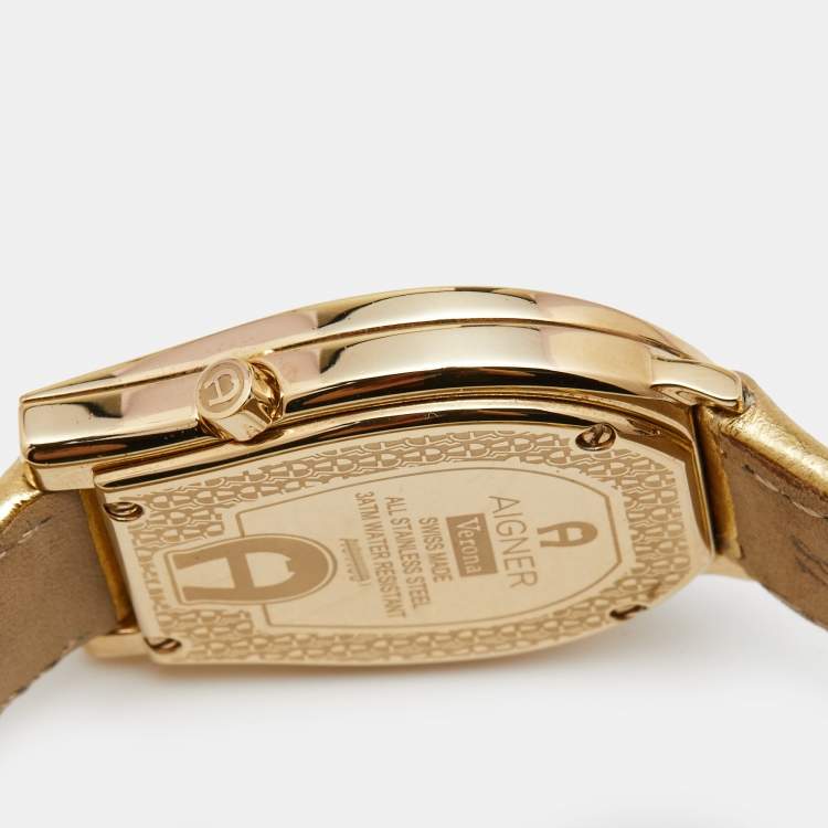 Pre Owned Aigner Mother of Pearl Diamond Gold Plated Stainless Steel Leather Verona A01100 Women's Wristwatch 33 mm 