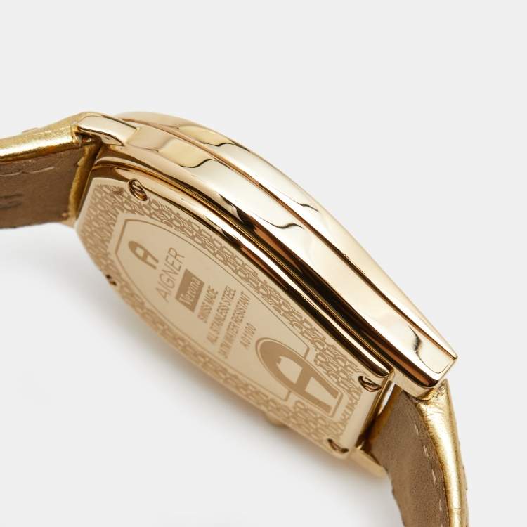 Pre Owned Aigner Mother of Pearl Diamond Gold Plated Stainless Steel Leather Verona A01100 Women's Wristwatch 33 mm 