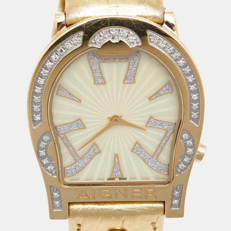 Pre Owned Aigner Mother of Pearl Diamond Gold Plated Stainless Steel Leather Verona A01100 Women's Wristwatch 33 mm 
