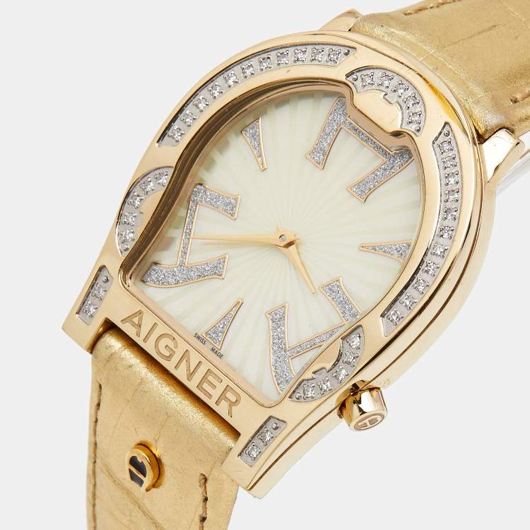 Aigner Mother of Pearl Diamond Gold Plated Stainless Steel Leather