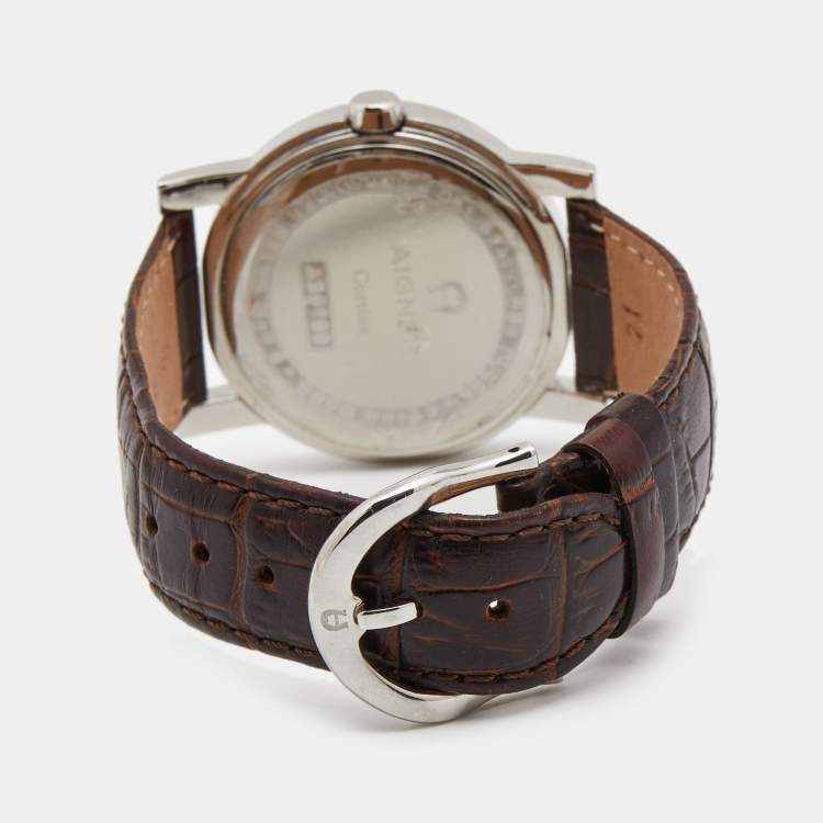 Pre Owned Aigner Brown Stainless Steel Leather Cortina A26100 Women's Wristwatch 38 mm 