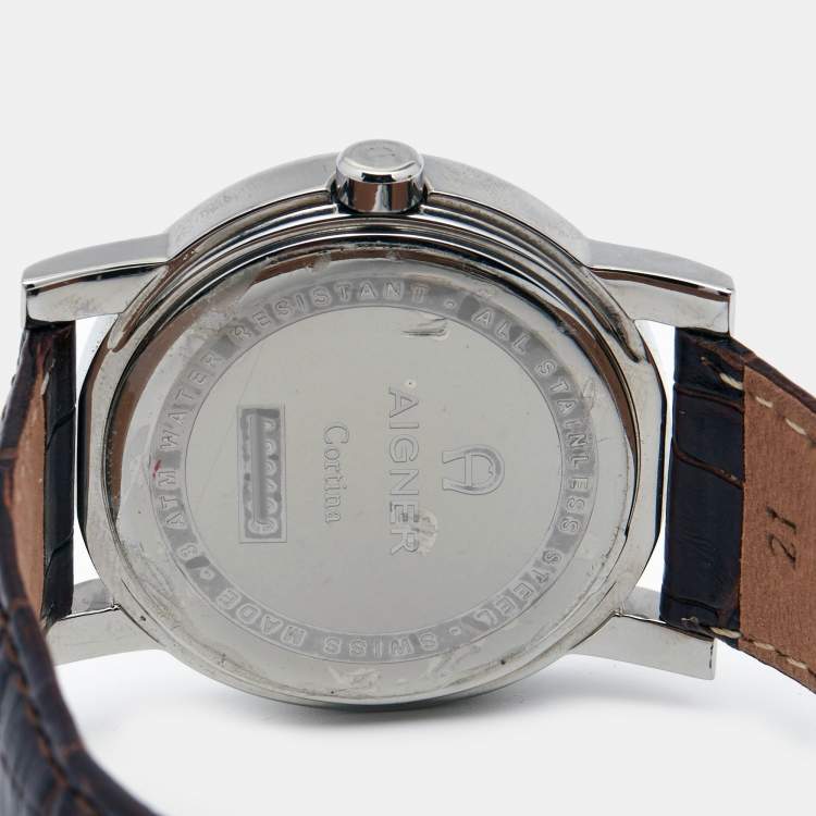 Pre Owned Aigner Brown Stainless Steel Leather Cortina A26100 Women's Wristwatch 38 mm 