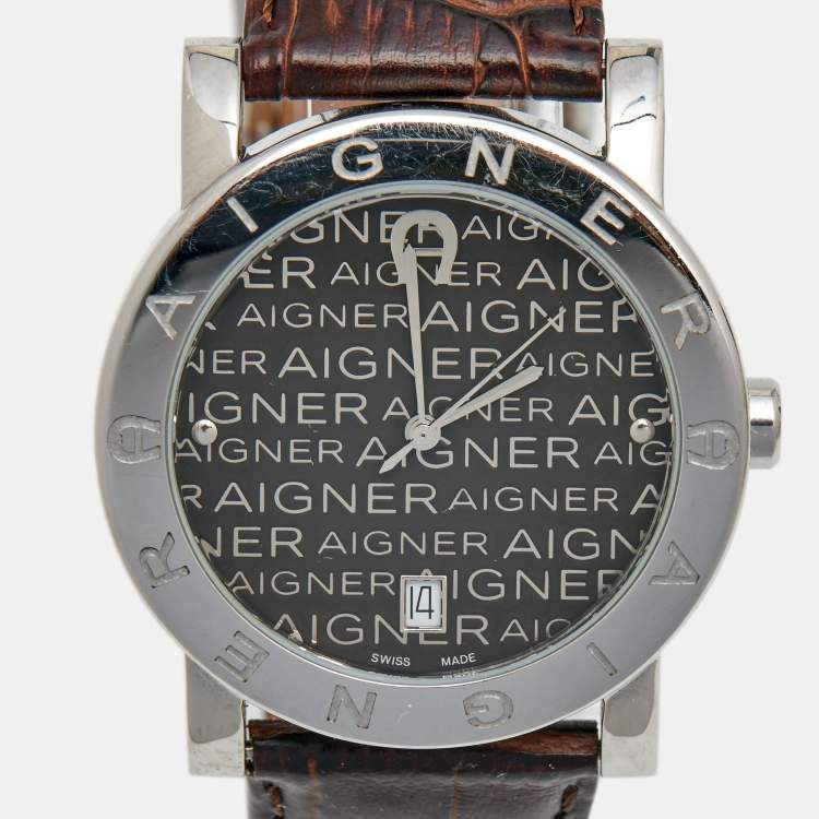 Pre Owned Aigner Brown Stainless Steel Leather Cortina A26100 Women's Wristwatch 38 mm 