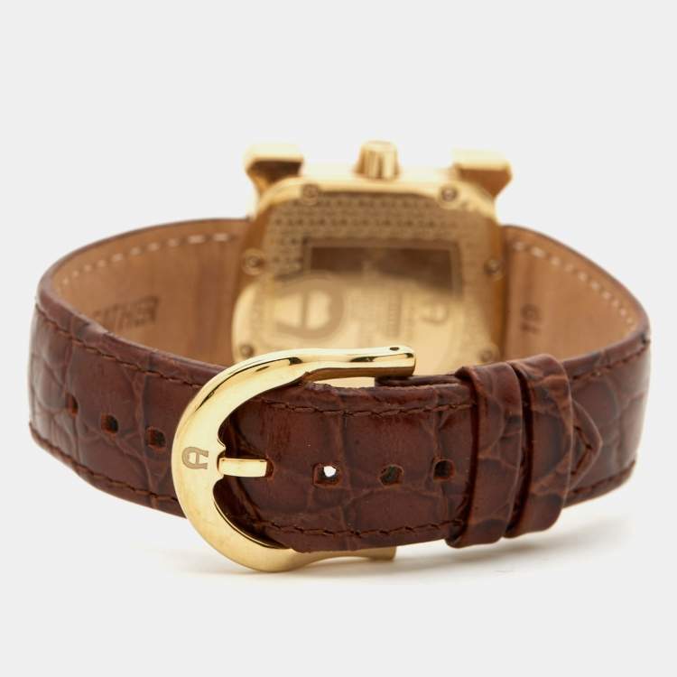 Pre Owned Aigner Brown Gold Plated Stainless Steel Diamond Leather Genua A31000 Women's Wristwatch 31 mm