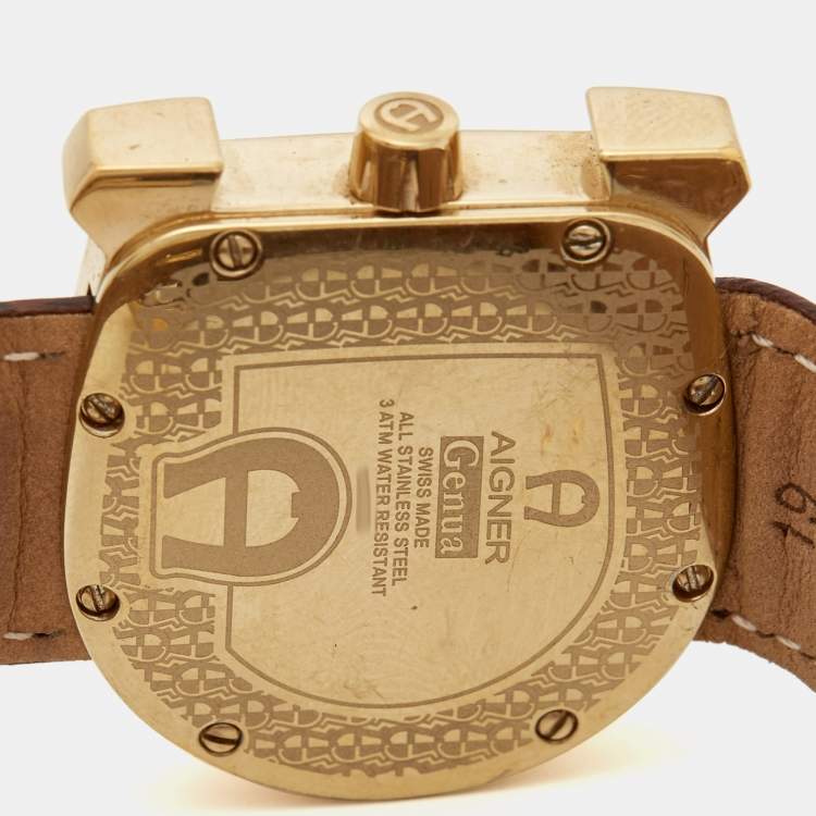 Pre Owned Aigner Brown Gold Plated Stainless Steel Diamond Leather Genua A31000 Women's Wristwatch 31 mm