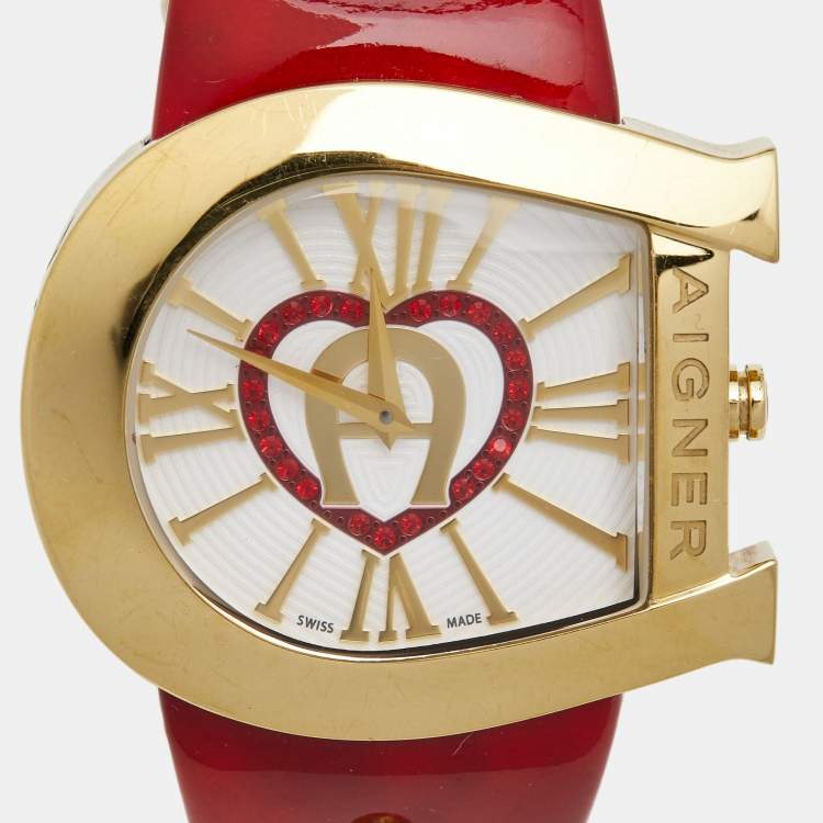 Pre Owned Aigner Cream Gold Plated Stainless Steel Leather Genua A31000 Women's Wristwatch 36 mm 