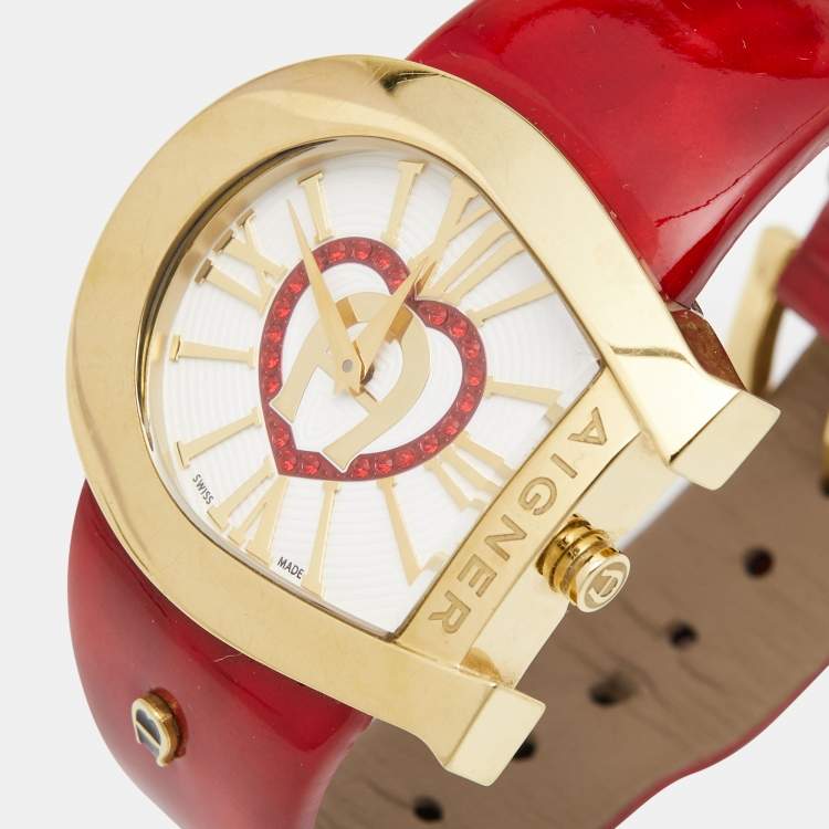 Pre Owned Aigner Cream Gold Plated Stainless Steel Leather Genua A31000 Women's Wristwatch 36 mm 