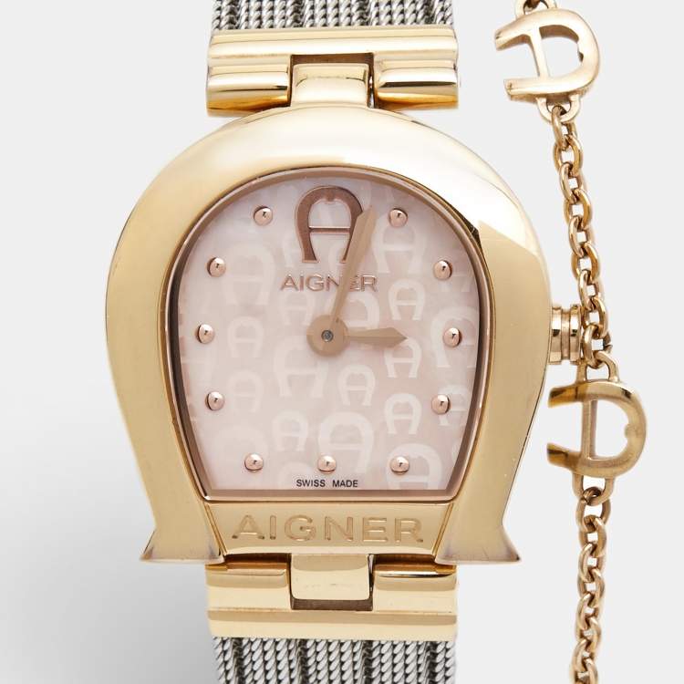 Pre Owned Aigner Pink Mother Of Pearl Two-Tone Stainless Steel Cremona A115257 Women's Wristwatch 28 mm