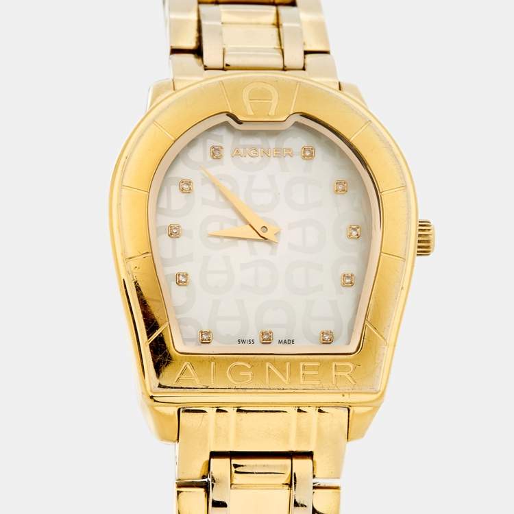 Pre Owned Aigner Mother of Pearl Gold Plated Stainless Steel Verona A48100 Women's Wristwatch 33 mm