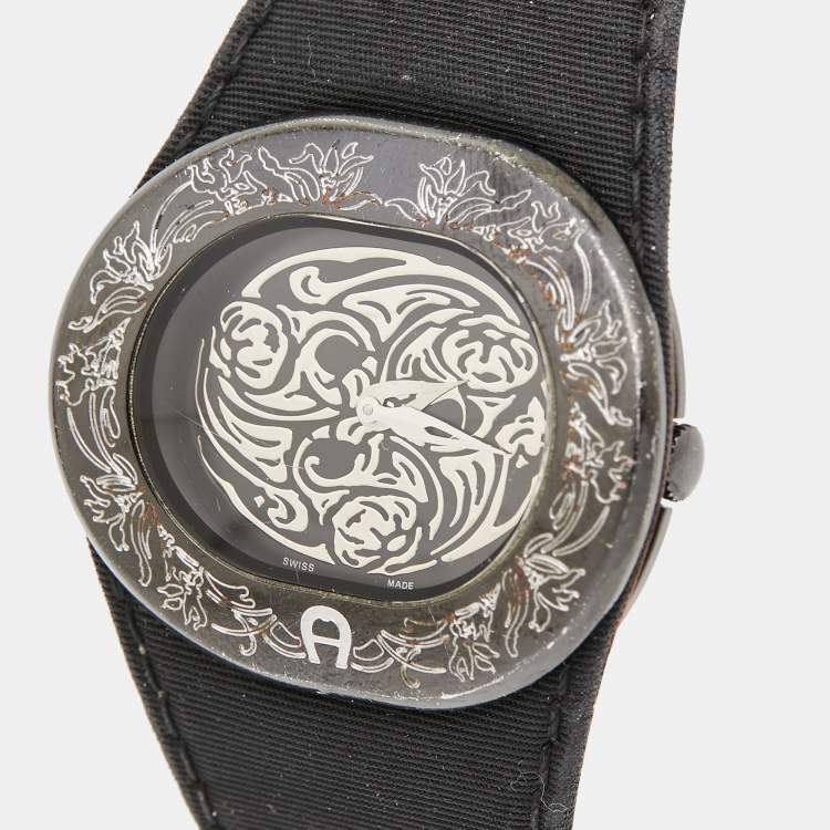 Pre Owned Aigner Black PVD Coated Stainless Steel Canvas  Ravello Due A21000 Women's Wristwatch 43 mm