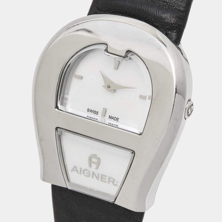 Pre Owned Aigner Mother of Pearl Stainless Steel Leather Venezia A39200 Women's Wristwatch 36 mm