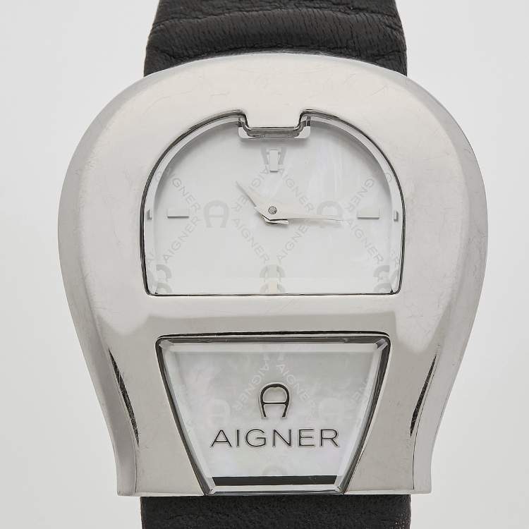 Pre Owned Aigner Mother of Pearl Stainless Steel Leather Venezia A39200 Women's Wristwatch 36 mm