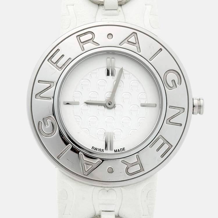 Pre Owned Aigner White Stainless Steel Leather Aversa A51200 Women's Wristwatch 32 mm