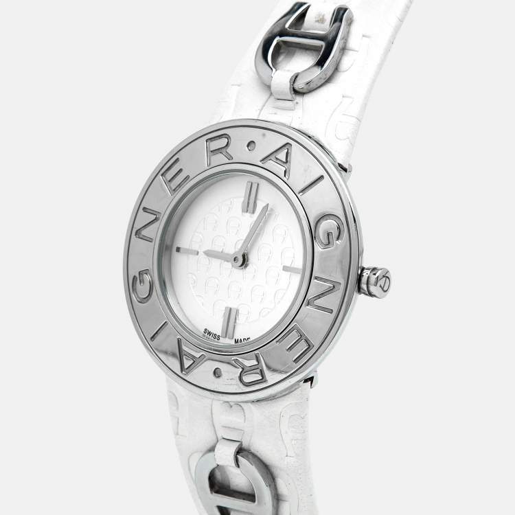 Pre Owned Aigner White Stainless Steel Leather Aversa A51200 Women's Wristwatch 32 mm