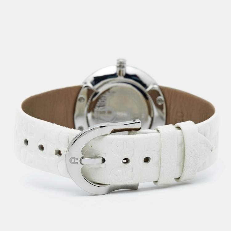 Pre Owned Aigner White Stainless Steel Leather Aversa A51200 Women's Wristwatch 32 mm