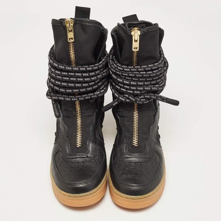 Pre Owned Air Jordans Two Tone Canvas and Leather SF Air Force 1 High Black Gum Sneakers Size 38.5