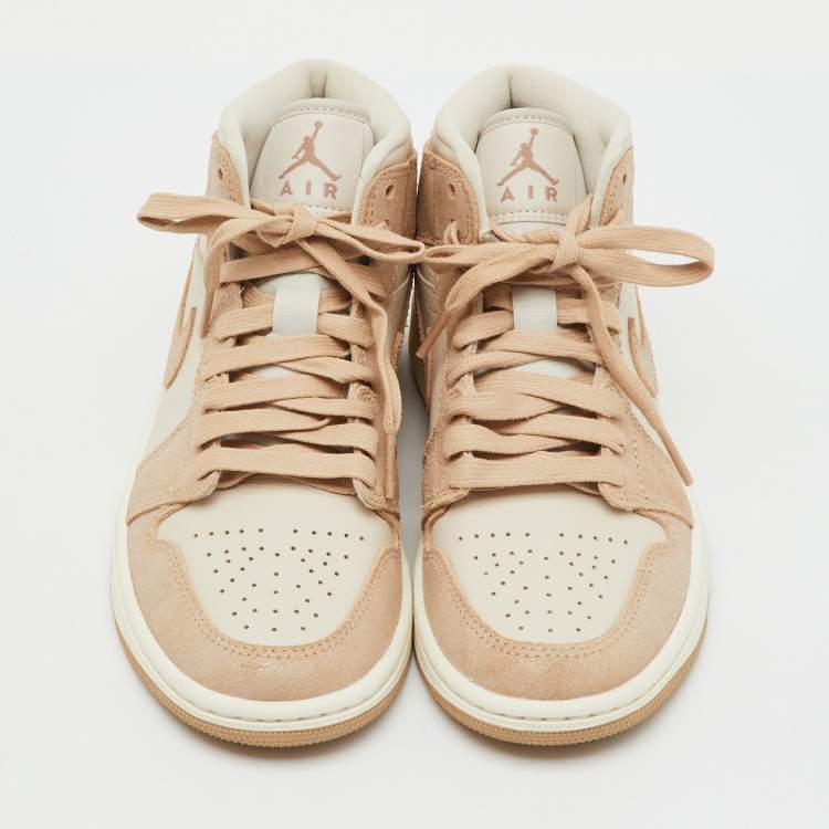 Pre Owned Air Jordans Light Brown Leather Legend Air Jordan 1 Mid Top Sneakers Size 36
