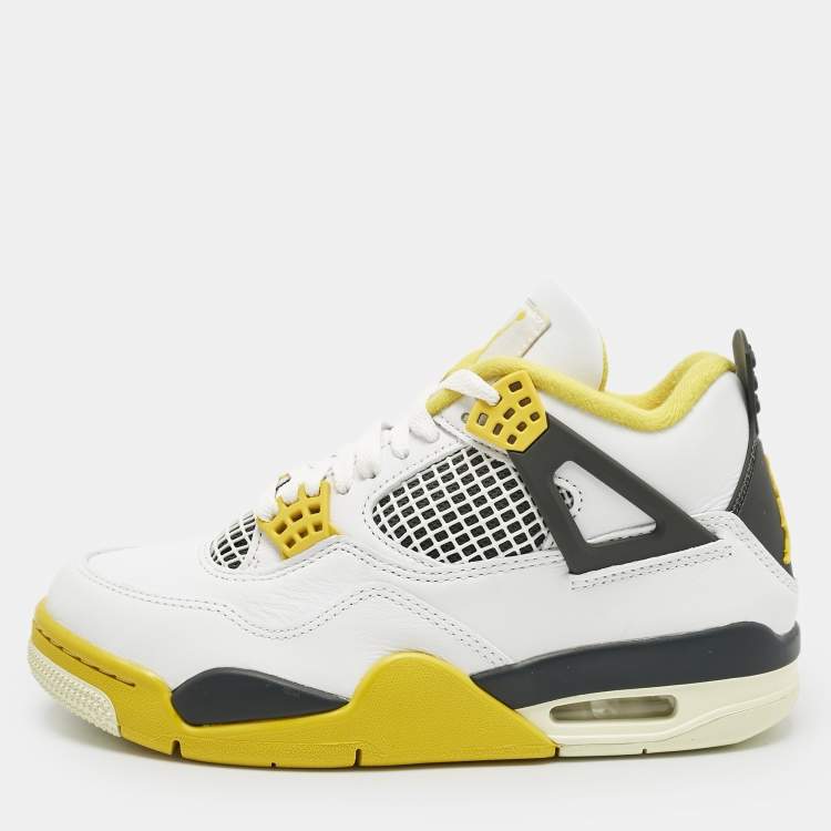 Pre Owned Air Jordans White Leather Jordan 4 Retro Vivid Sulfur Sneakers Size 37.5