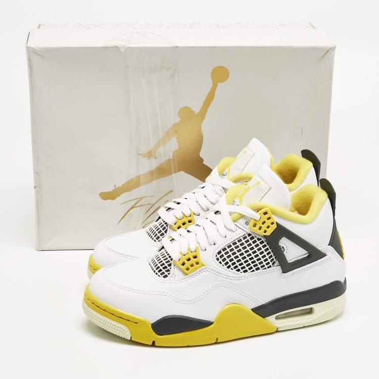 Pre Owned Air Jordans White Leather Jordan 4 Retro Vivid Sulfur Sneakers Size 37.5