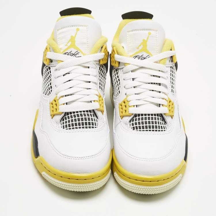 Pre Owned Air Jordans White Leather Jordan 4 Retro Vivid Sulfur Sneakers Size 37.5