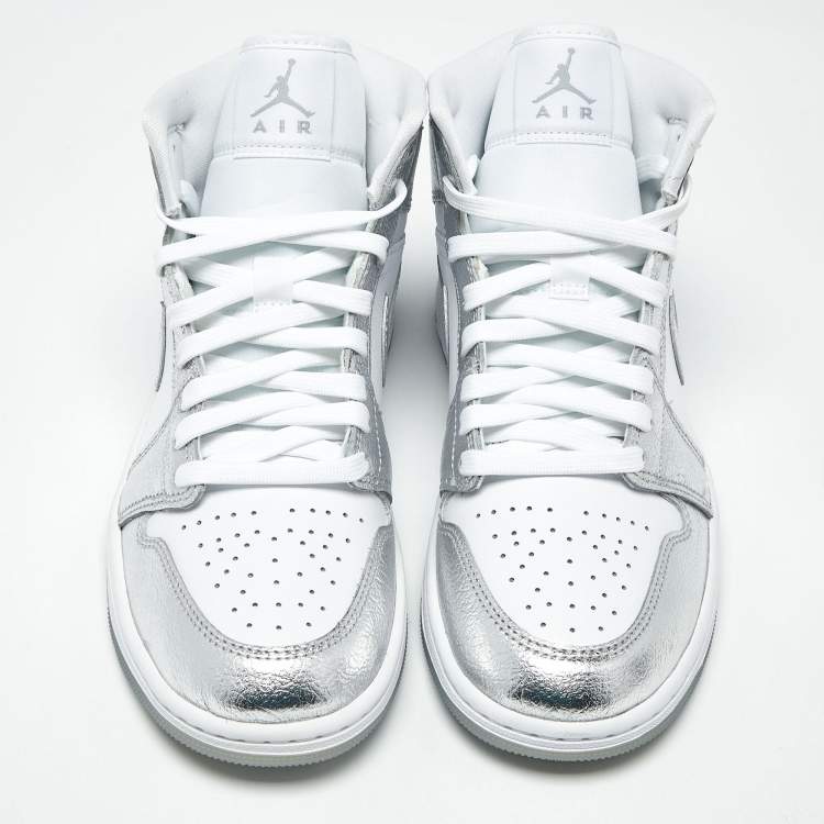 Pre Owned Air Jordans Jordan 1 SE Metallic Size 40.5 Silver/White Leather Mid Top Sneakers