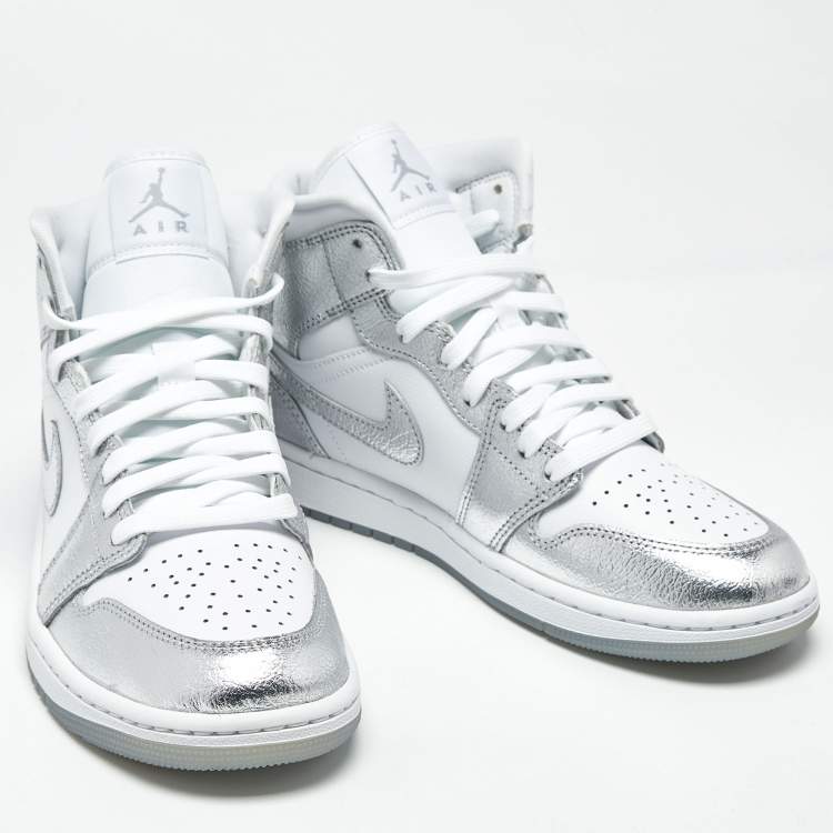 Pre Owned Air Jordans Jordan 1 SE Metallic Size 40.5 Silver/White Leather Mid Top Sneakers