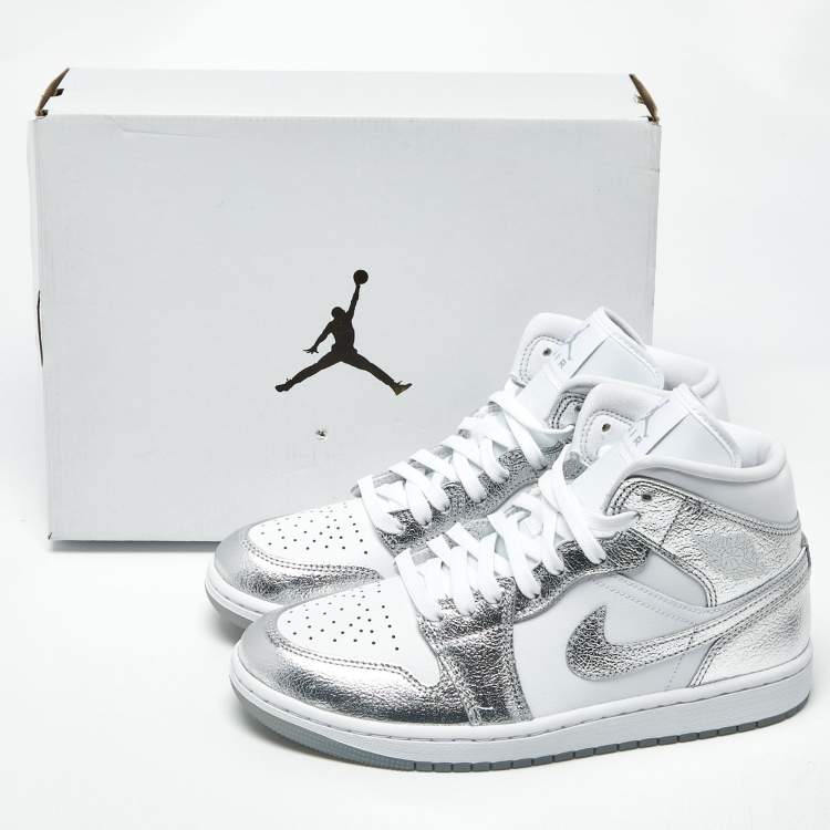 Pre Owned Air Jordans Jordan 1 SE Metallic Size 40.5 Silver/White Leather Mid Top Sneakers