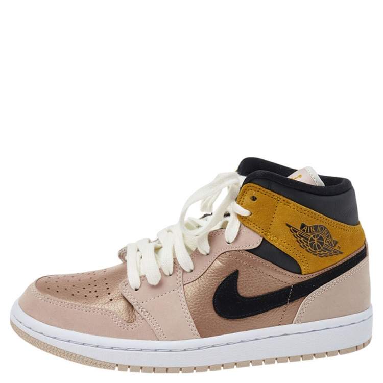 Pre Owned Air Jordans Beige Leather Jordan 1 Mid SE Particle High Top Sneakers Size 38