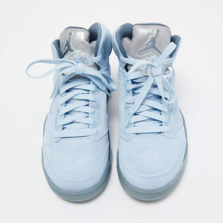 Pre Owned Air Jordans Ice Blue/Graphite Suede And Leather Jordan 5 Retro High Top Sneakers Size 37.5