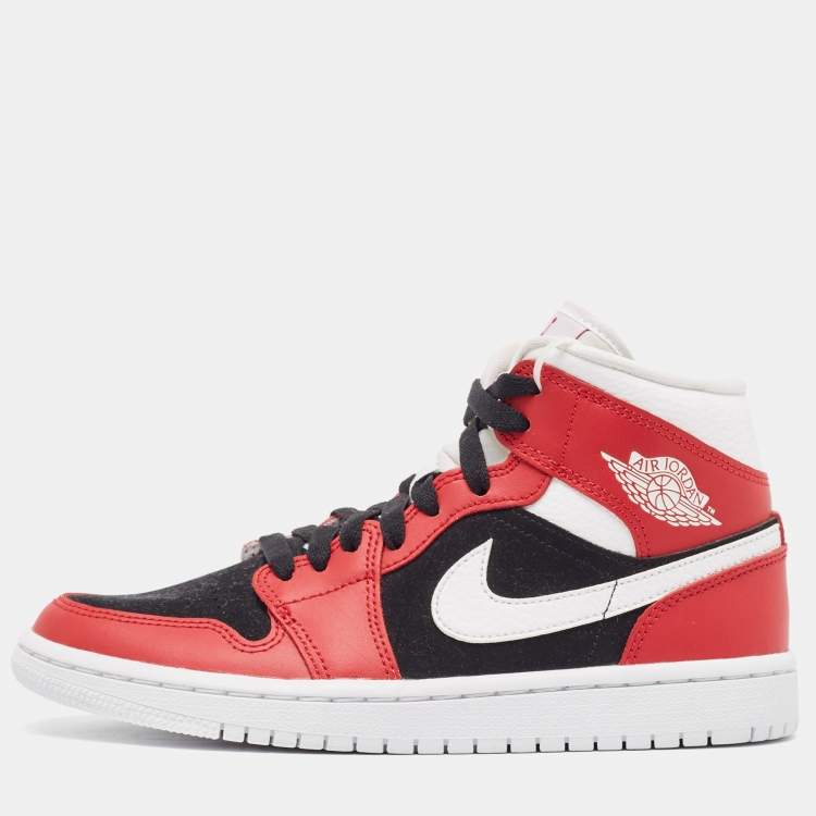 Pre Owned Air Jordans Red/White Leather Air Jordan 1 Mid Gy, Red White Sneakers  Size 37.5