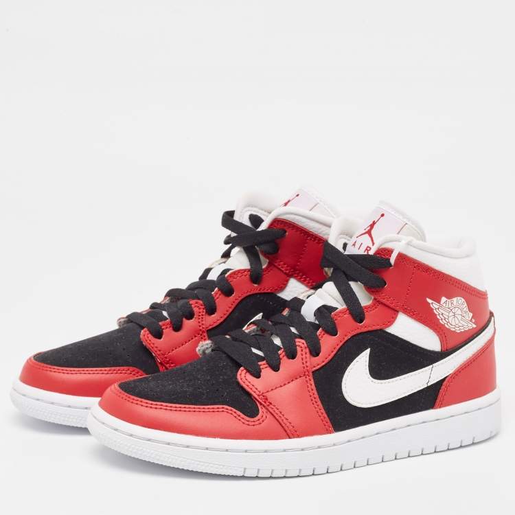 Pre Owned Air Jordans Red/White Leather Air Jordan 1 Mid Gy, Red White Sneakers  Size 37.5