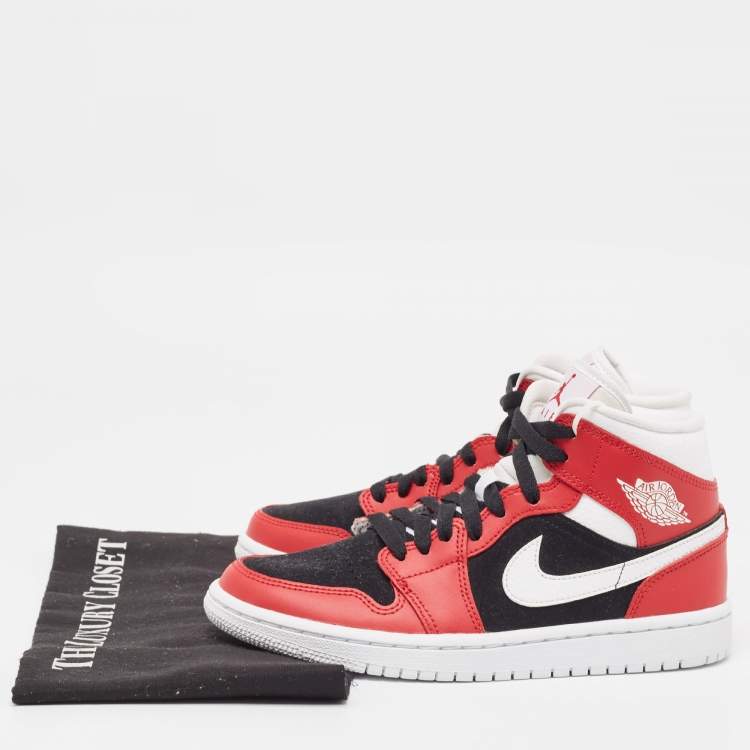 Pre Owned Air Jordans Red/White Leather Air Jordan 1 Mid Gy, Red White Sneakers  Size 37.5
