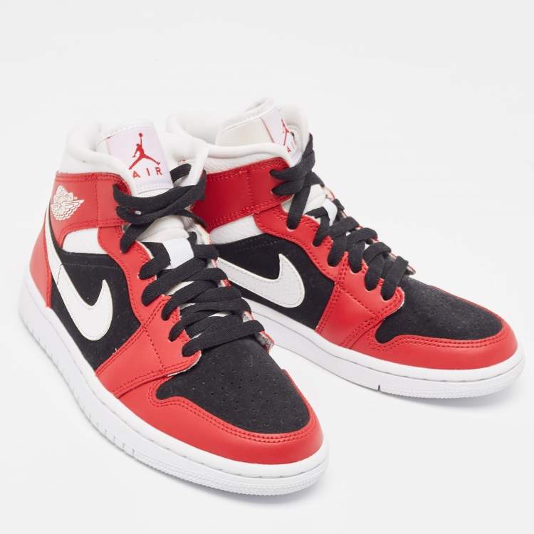Pre Owned Air Jordans Red/White Leather Air Jordan 1 Mid Gy, Red White Sneakers  Size 37.5
