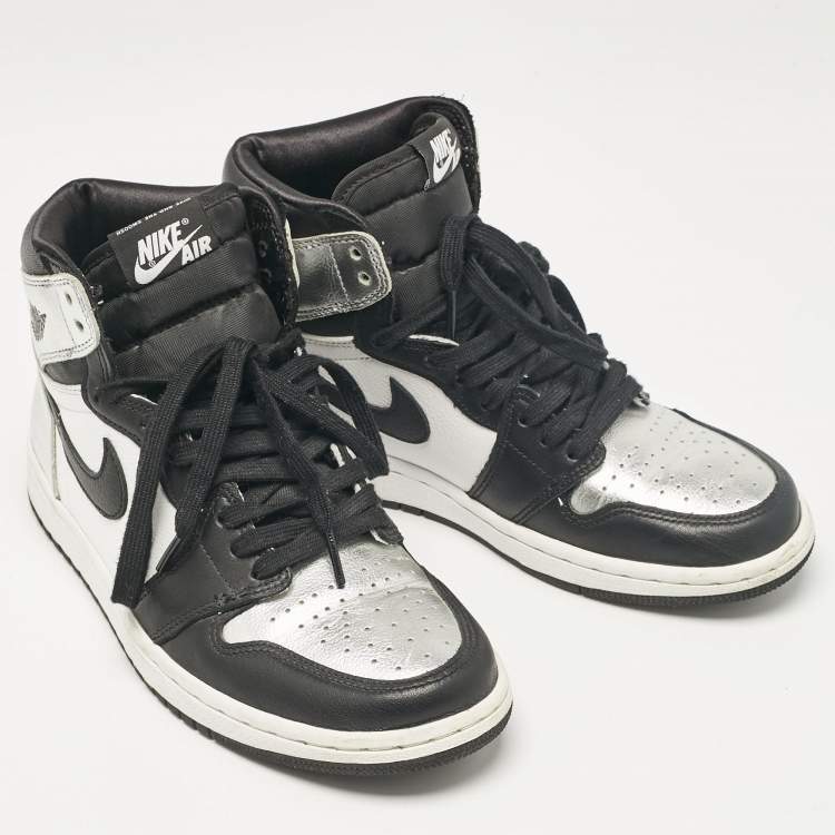 Pre Owned Air Jordans Multicolor Leather Jordan 1 Retro High Silver Toe Sneakers Size 38.5