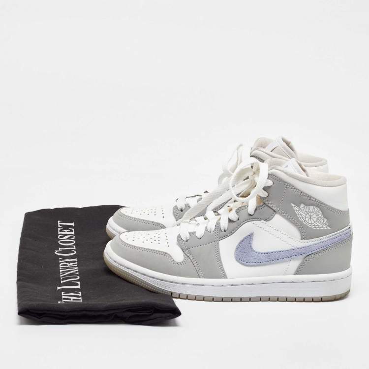 Pre Owned Air Jordans Grey/White Leather Air Jordan 1 Mid Wolf Grey Sneakers Size 35.5