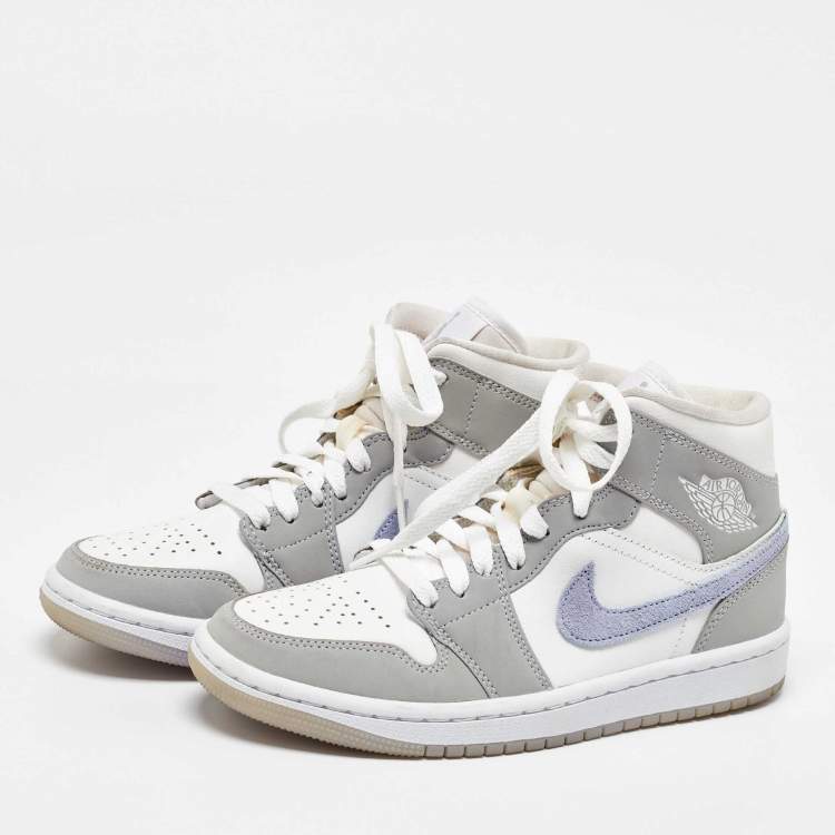 Pre Owned Air Jordans Grey/White Leather Air Jordan 1 Mid Wolf Grey Sneakers Size 35.5