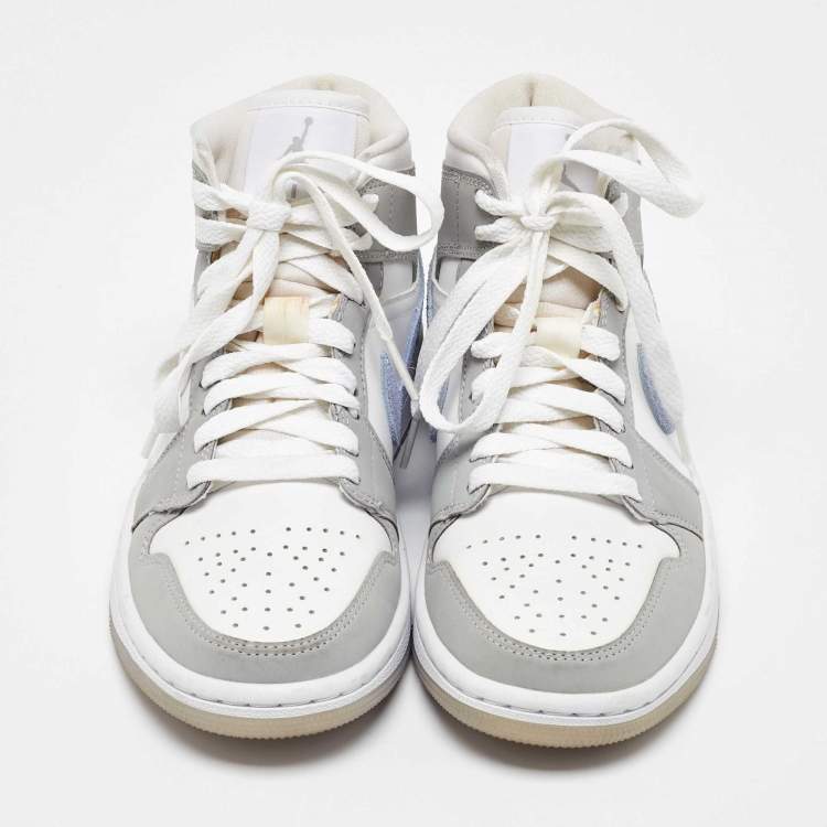 Pre Owned Air Jordans Grey/White Leather Air Jordan 1 Mid Wolf Grey Sneakers Size 35.5
