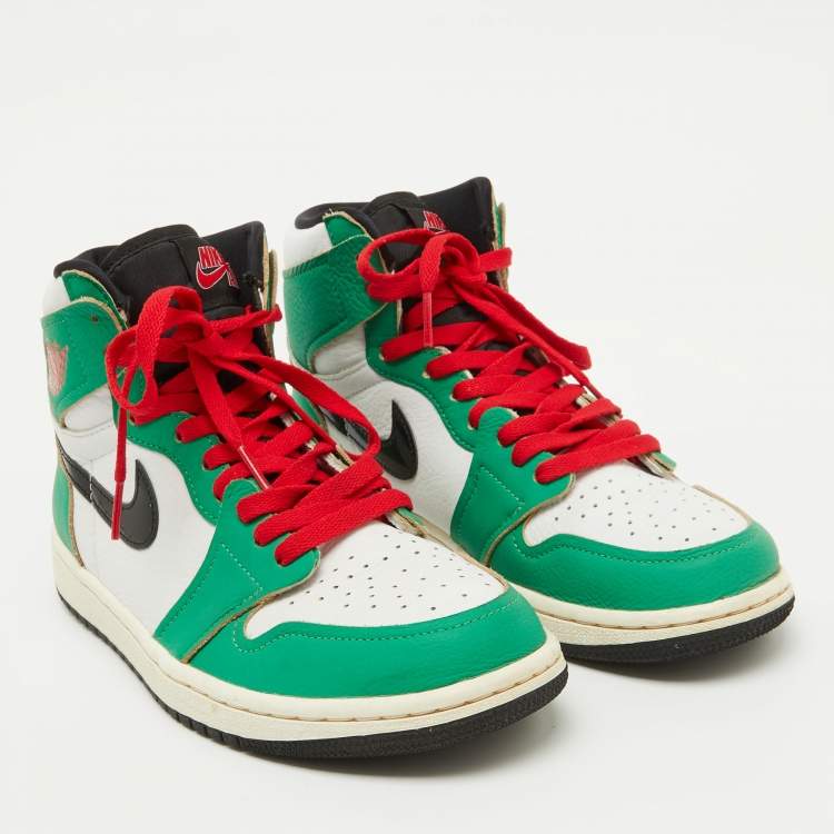 Pre Owned Air Jordans Green/White Leather Jordan 1 Retro High Lucky Green Boston Sneakers Size 40.5