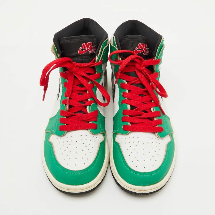Pre Owned Air Jordans Green/White Leather Jordan 1 Retro High Lucky Green Boston Sneakers Size 40.5