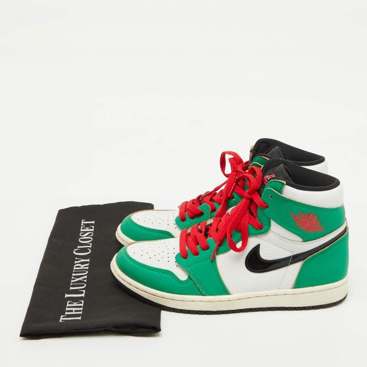 Pre Owned Air Jordans Green/White Leather Jordan 1 Retro High Lucky Green Boston Sneakers Size 40.5