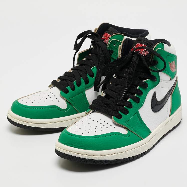 Pre Owned Air Jordans Green/White Leather Jordan 1 Retro High Lucky Green Sneakers Size 38.5