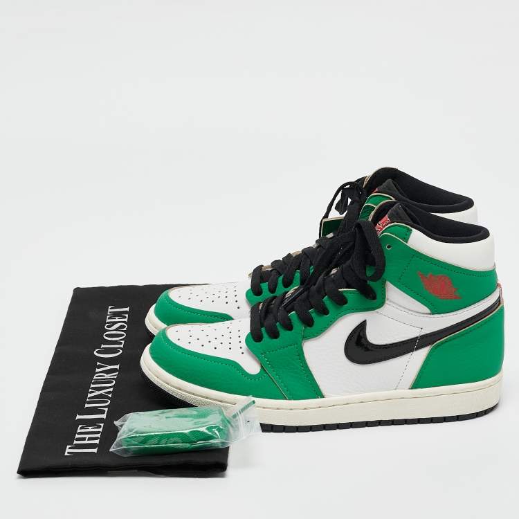 Pre Owned Air Jordans Green/White Leather Jordan 1 Retro High Lucky Green Sneakers Size 38.5