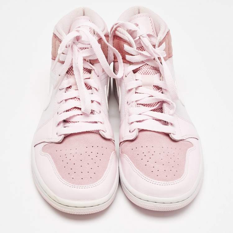 Pre Owned Air Jordans Pink/White Leather and Suede Air Jordan 1 Mid Top Sneakers Size 40.5