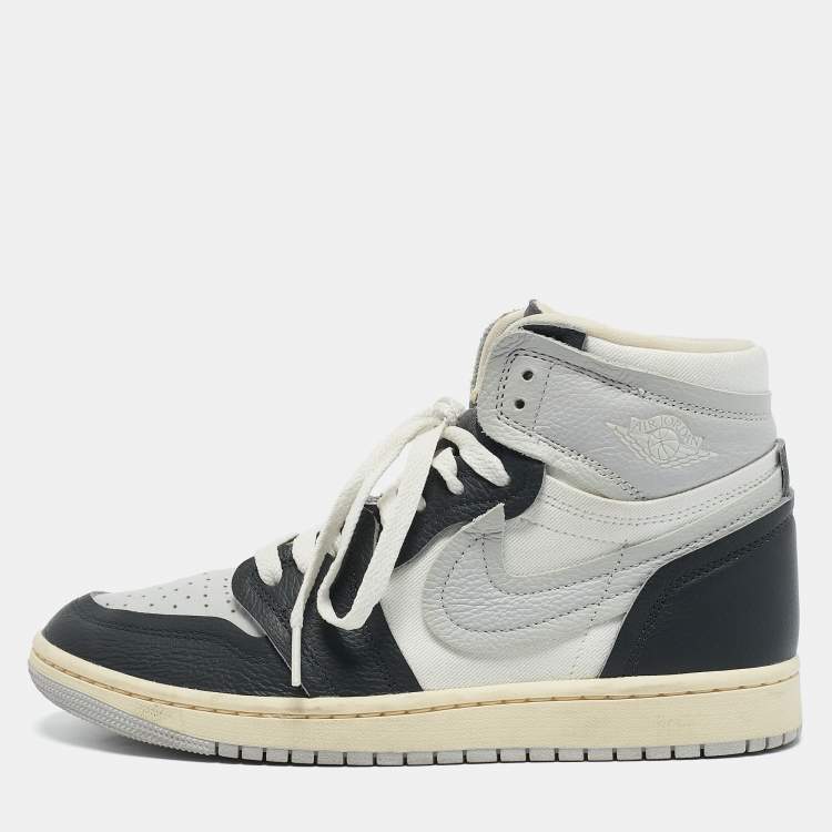 Pre Owned Air Jordans Grey/Black Canvas and Leather Air Jordan 1 High Top Sneakers Size 39