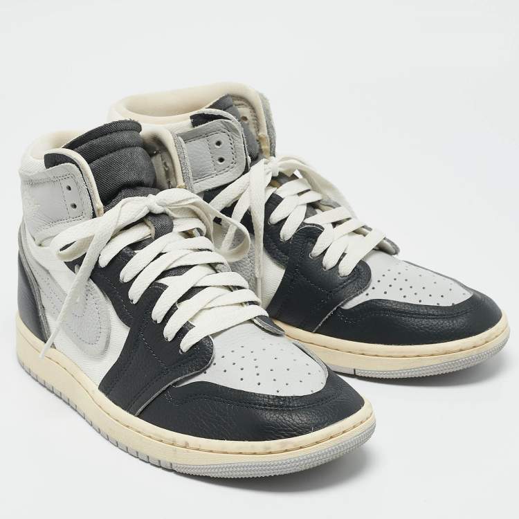 Pre Owned Air Jordans Grey/Black Canvas and Leather Air Jordan 1 High Top Sneakers Size 39