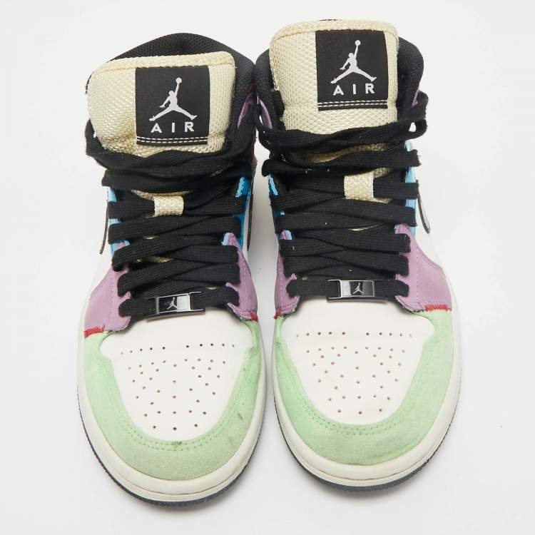 Pre Owned Air Jordan Multicolor Leather and Suede Jordan 1 Mid SE Lightblub Sneakers Size 36