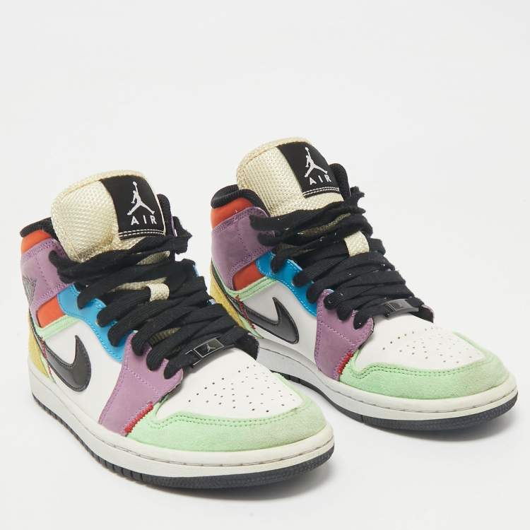 Pre Owned Air Jordan Multicolor Leather and Suede Jordan 1 Mid SE Lightblub Sneakers Size 36