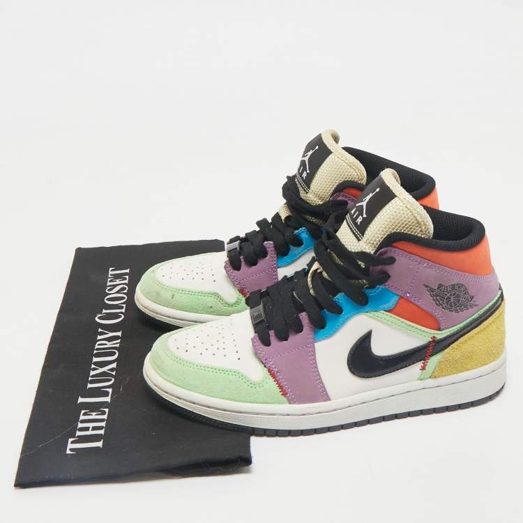 Pre Owned Air Jordan Multicolor Leather and Suede Jordan 1 Mid SE Lightblub Sneakers Size 36