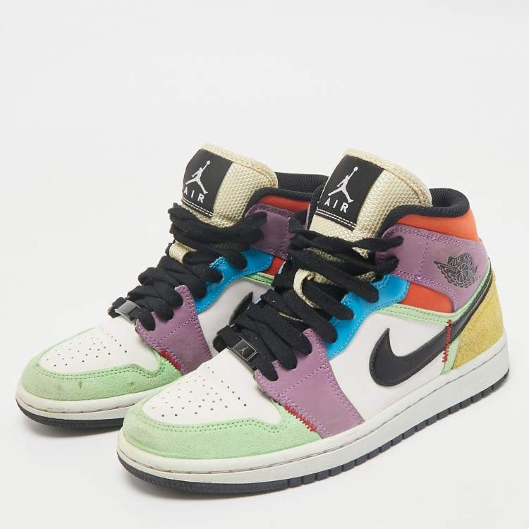 Pre Owned Air Jordan Multicolor Leather and Suede Jordan 1 Mid SE Lightblub Sneakers Size 36